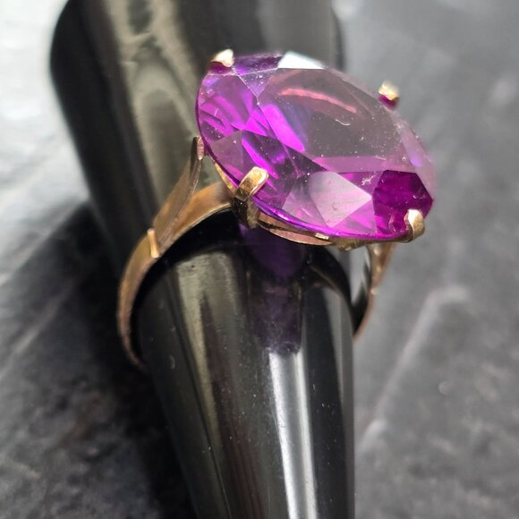 14K Gold Amethyst Solitaire Ring Large Round Gemstone Estate Size 7 HS136 - Picture 2 of 14